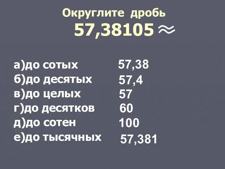 Округлите дробь 57,38105 а)до сотых б)до десятых в)до целых г)до десятков д)до сотен