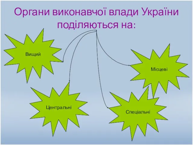 Органи виконавчої влади України поділяються на: Вищий Місцеві Центральні Спеціальні