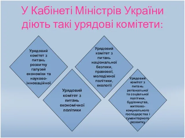 У Кабінеті Міністрів України діють такі урядові комітети: Урядовий комітет