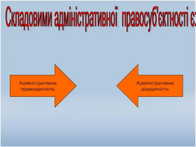 Складовими адміністративної правосуб'єктності є: Адміністративна правоздатність Адміністративна дієздатність