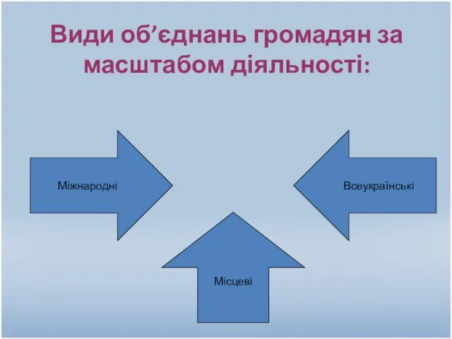 Види об’єднань громадян за масштабом діяльності: Міжнародні Всеукраїнські Місцеві