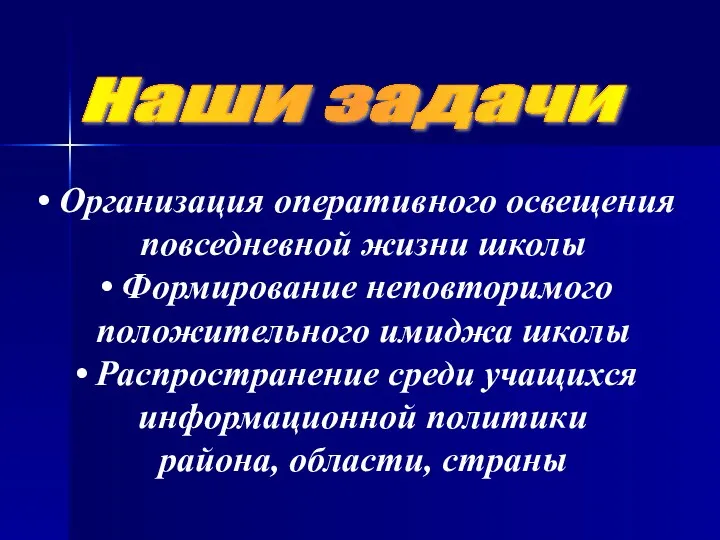 Организация оперативного освещения повседневной жизни школы Формирование неповторимого положительного имиджа