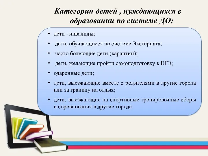 дети –инвалиды; дети, обучающиеся по системе Экстерната; часто болеющие дети