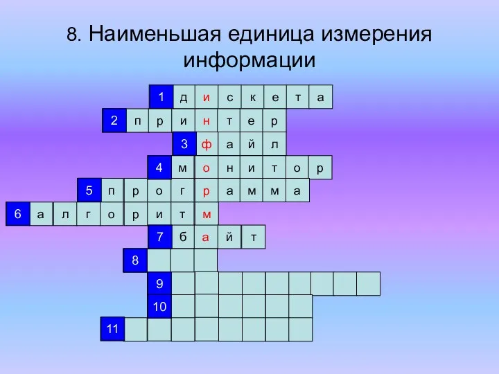 8. Наименьшая единица измерения информации д и с к е