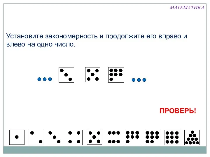 Установите закономерность и продолжите его вправо и влево на одно число. МАТЕМАТИКА ПРОВЕРЬ!