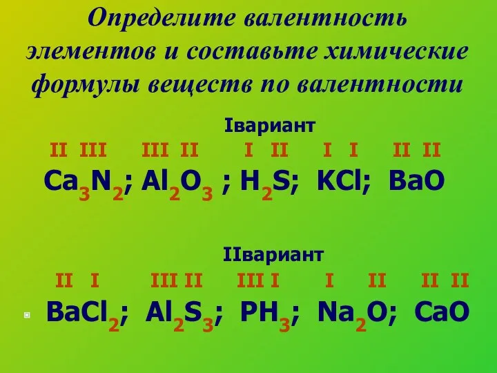 Определите валентность элементов и составьте химические формулы веществ по валентности Iвариант II III