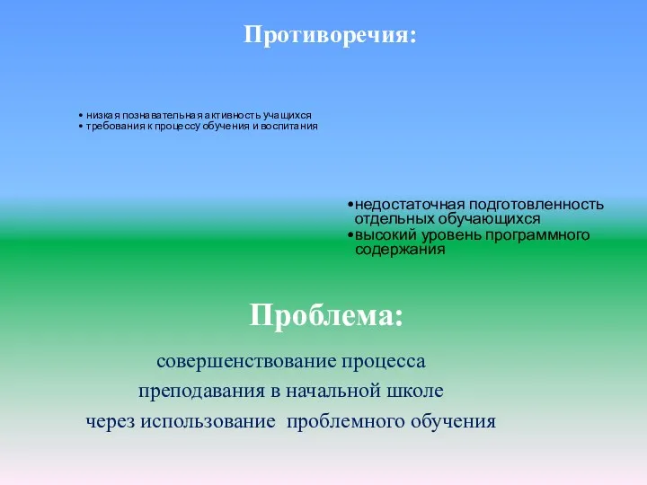 Проблема: совершенствование процесса преподавания в начальной школе через использование проблемного обучения Противоречия: