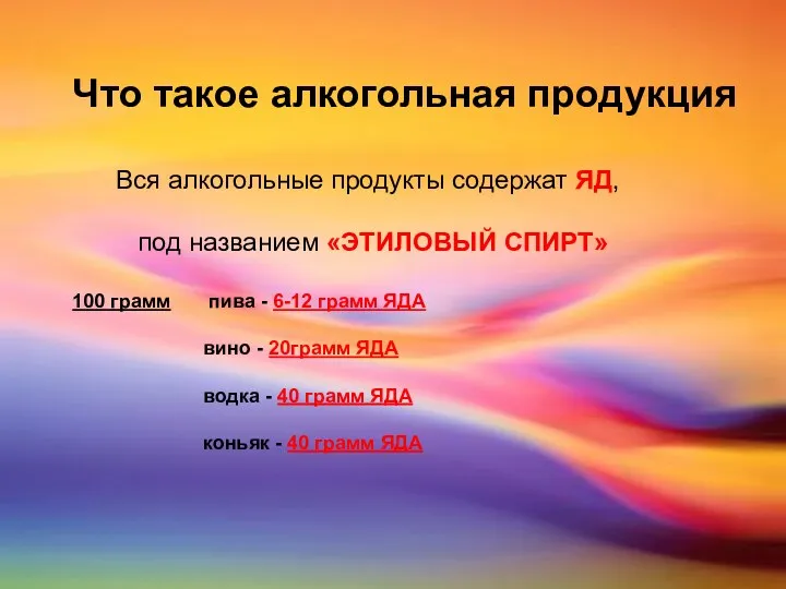 Что такое алкогольная продукция Вся алкогольные продукты содержат ЯД, под