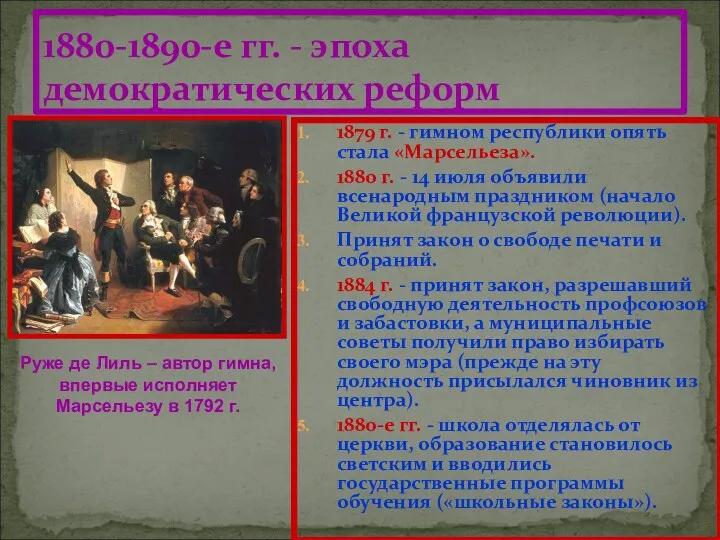 1879 г. - гимном республики опять стала «Марсельеза». 1880 г.