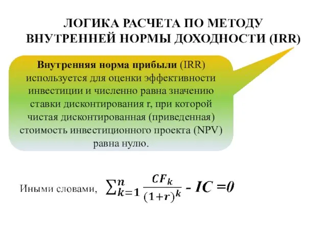 ЛОГИКА РАСЧЕТА ПО МЕТОДУ ВНУТРЕННЕЙ НОРМЫ ДОХОДНОСТИ (IRR) Внутренняя норма