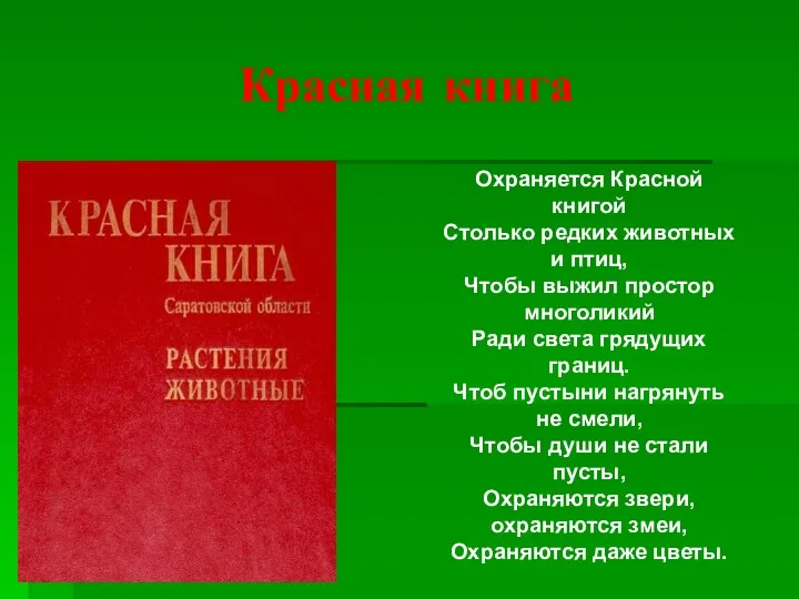 Красная книга Охраняется Красной книгой Столько редких животных и птиц, Чтобы выжил простор
