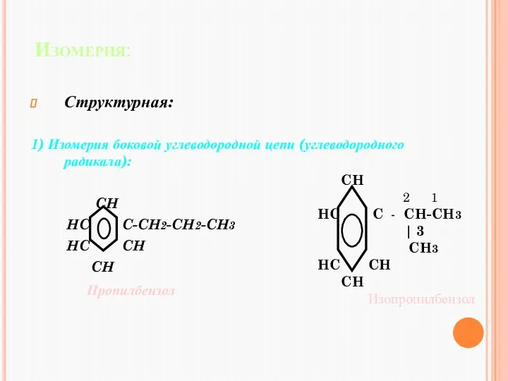 Изомерия: Структурная: 1) Изомерия боковой углеводородной цепи (углеводородного радикала): CH