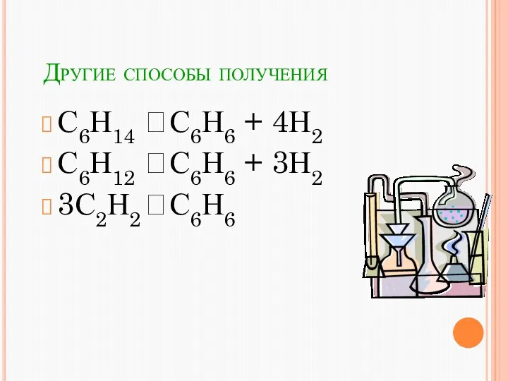 Другие способы получения С6Н14  С6Н6 + 4Н2 С6Н12  С6Н6 + 3Н2 3С2Н2  С6Н6