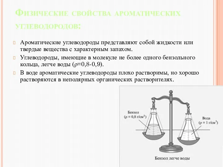 Физические свойства ароматических углеводородов: Ароматические углеводороды представляют собой жидкости или