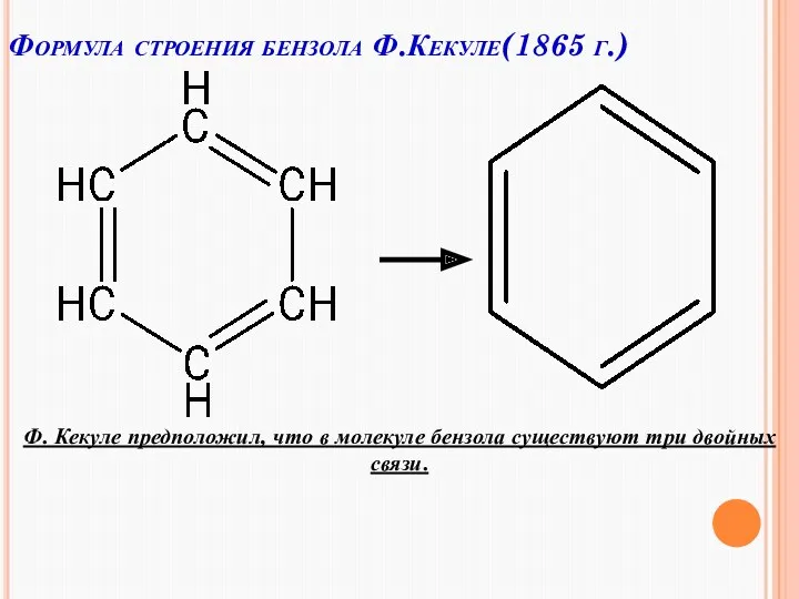 Формула строения бензола Ф.Кекуле(1865 г.) Ф. Кекуле предположил, что в молекуле бензола существуют три двойных связи.