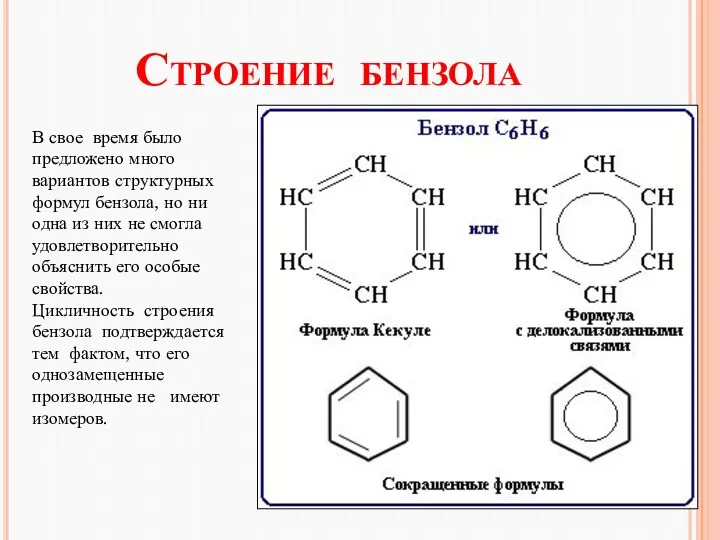 Строение бензола В свое время было предложено много вариантов структурных