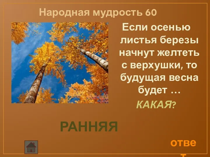 Народная мудрость 60 Если осенью листья березы начнут желтеть с верхушки, то будущая