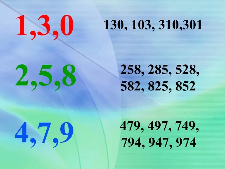 130, 103, 310,301 4,7,9 2,5,8 1,3,0 258, 285, 528, 582,