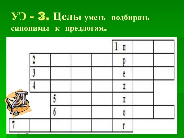 УЭ - 3. Цель: уметь подбирать синонимы к предлогам.