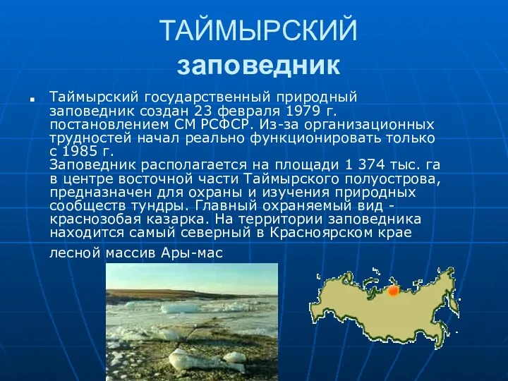 ТАЙМЫРСКИЙ заповедник Таймырский государственный природный заповедник создан 23 февраля 1979