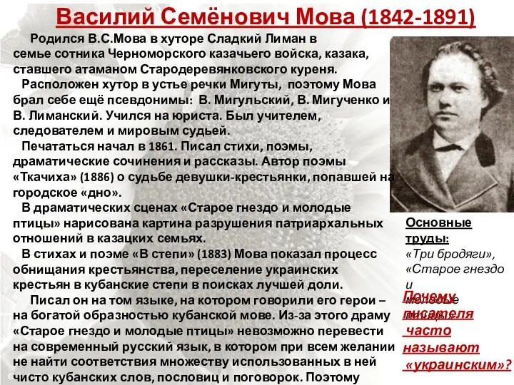 Василий Семёнович Мова (1842-1891) Родился В.С.Мова в хуторе Сладкий Лиман