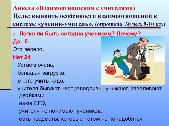 Анкета «Взаимоотношения с учителями) Цель: выявить особенности взаимоотношений в системе