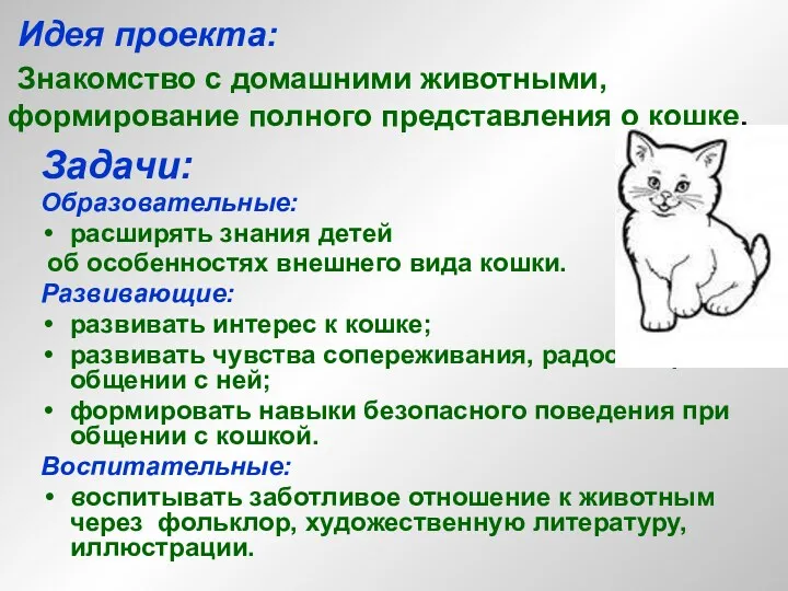Идея проекта: Знакомство с домашними животными, формирование полного представления о кошке. Задачи: Образовательные: