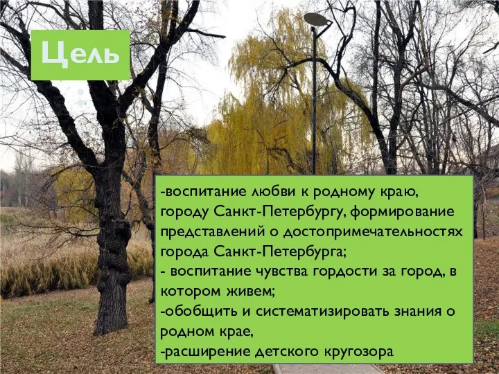 Цель: -воспитание любви к родному краю, городу Санкт-Петербургу, формирование представлений о достопримечательностях города