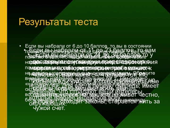 Результаты теста Если вы набрали от 6 до 10 баллов,