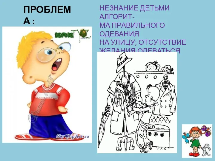 ПРОБЛЕМА : НЕЗНАНИЕ ДЕТЬМИ АЛГОРИТ- МА ПРАВИЛЬНОГО ОДЕВАНИЯ НА УЛИЦУ; ОТСУТСТВИЕ ЖЕЛАНИЯ ОДЕВАТЬСЯ САМОСТОЯТЕЛЬНО.