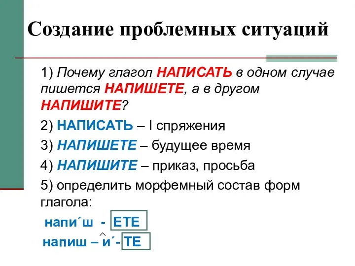 Создание проблемных ситуаций 1) Почему глагол НАПИСАТЬ в одном случае