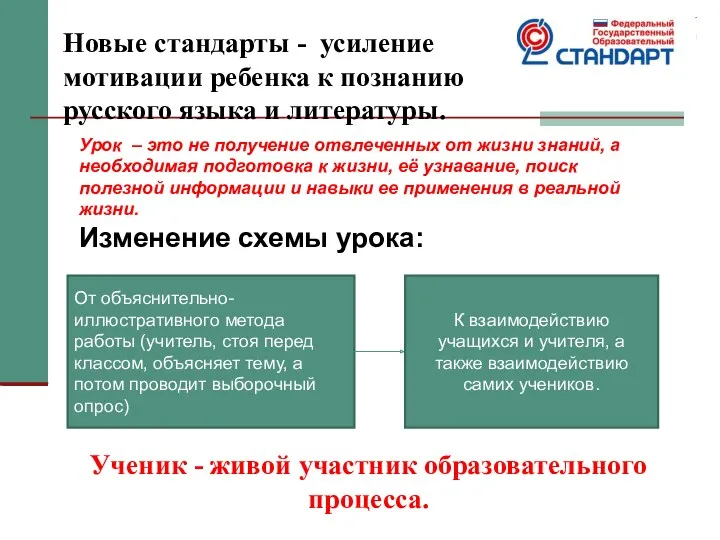 Новые стандарты - усиление мотивации ребенка к познанию русского языка