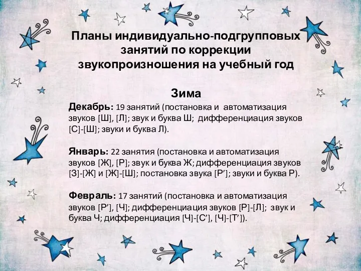 Планы индивидуально-подгрупповых занятий по коррекции звукопроизношения на учебный год Зима