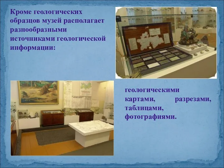Кроме геологических образцов музей располагает разнообразными источниками геологической информации: геологическими картами, разрезами, таблицами, фотографиями.
