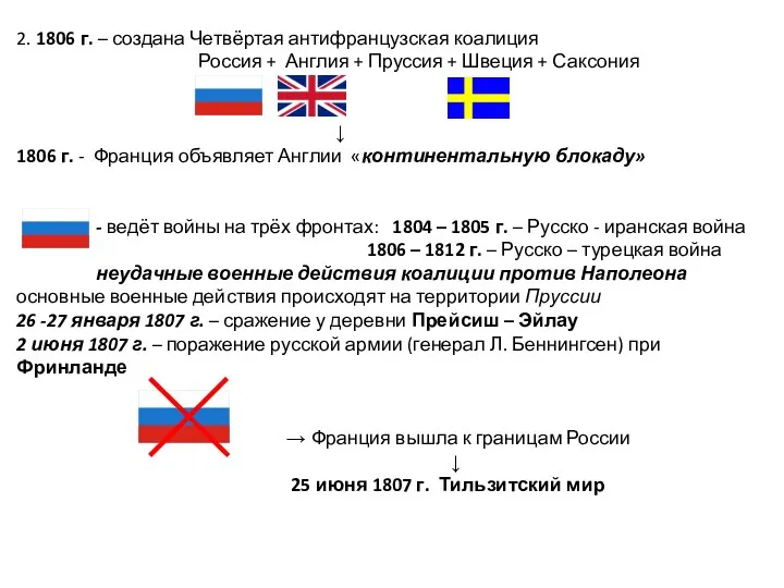 2. 1806 г. – создана Четвёртая антифранцузская коалиция Россия +