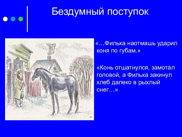 Бездумный поступок «…Филька наотмашь ударил коня по губам.» «Конь отшатнулся,