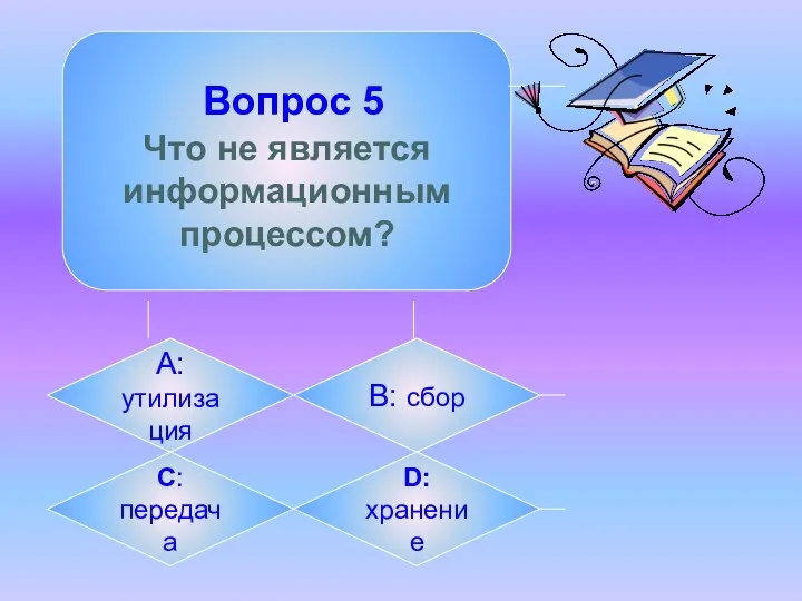 Вопрос 5 Что не является информационным процессом? А: утилизация B: сбор C: передача D: хранение