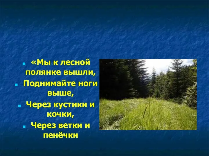 «Мы к лесной полянке вышли, Поднимайте ноги выше, Через кустики и кочки, Через ветки и пенёчки