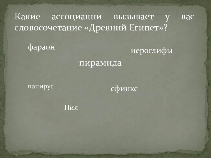 Какие ассоциации вызывает у вас словосочетание «Древний Египет»? фараон пирамида иероглифы папирус сфинкс Нил