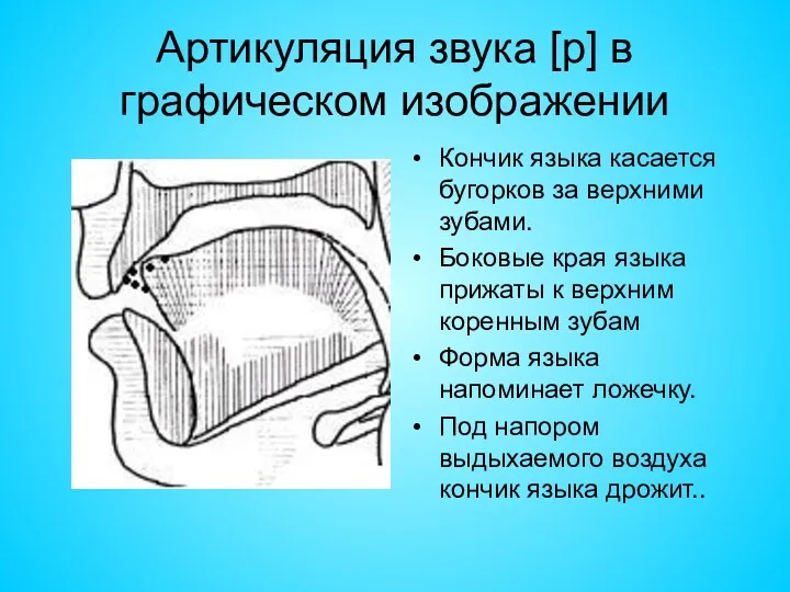 Артикуляция звука [р] в графическом изображении Кончик языка касается бугорков