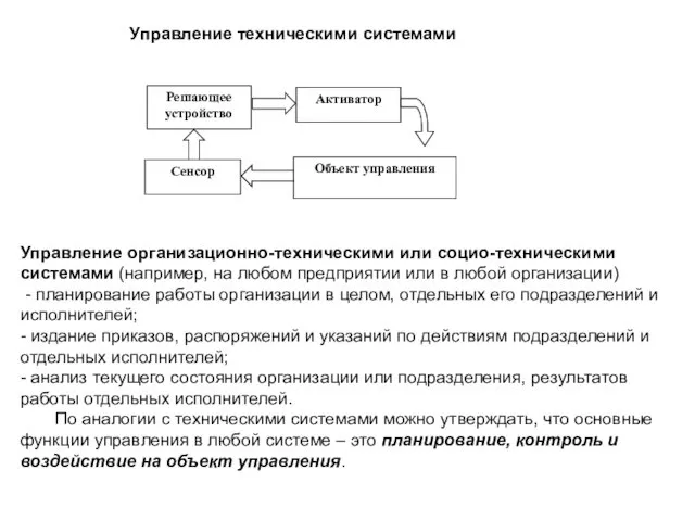 Управление техническими системами Управление организационно-техническими или социо-техническими системами (например, на