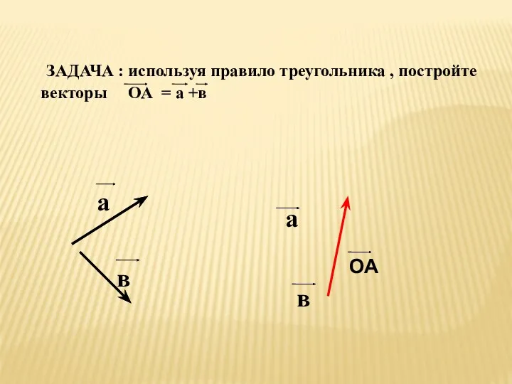 ЗАДАЧА : используя правило треугольника , постройте векторы ОА = а +в а