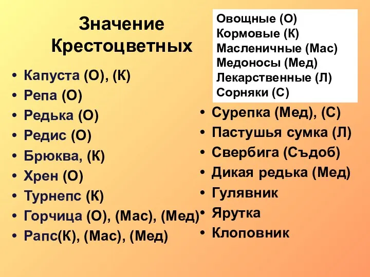 Значение Крестоцветных Капуста (О), (К) Репа (О) Редька (О) Редис