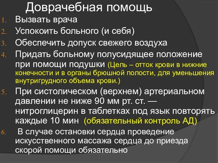 Доврачебная помощь Вызвать врача Успокоить больного (и себя) Обеспечить допуск