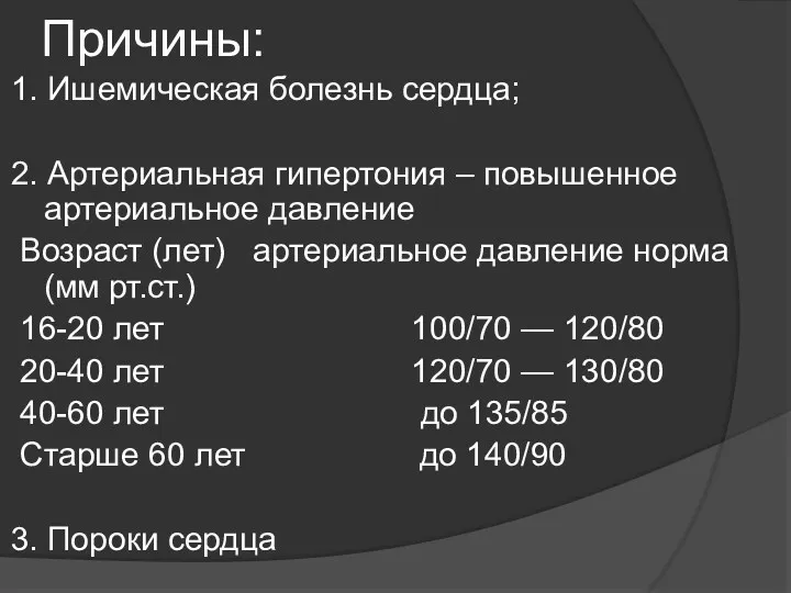 Причины: 1. Ишемическая болезнь сердца; 2. Артериальная гипертония – повышенное