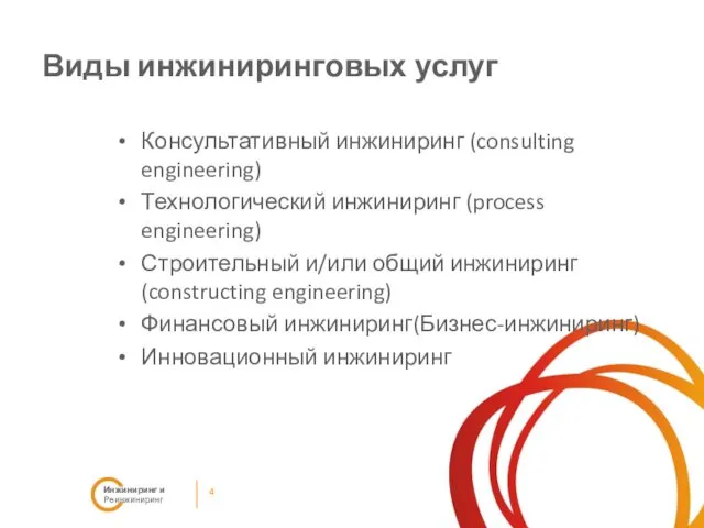 Виды инжиниринговых услуг 4 Инжиниринг и Реинжиниринг Консультативный инжиниринг (consulting