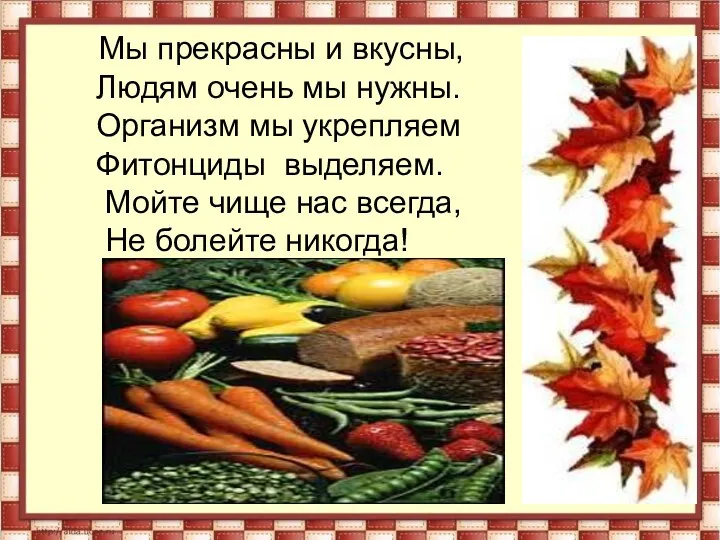 Мы прекрасны и вкусны, Людям очень мы нужны. Организм мы