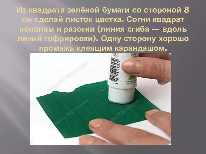 Из квадрата зелёной бумаги со стороной 8 см сделай листок цветка. Согни квадрат