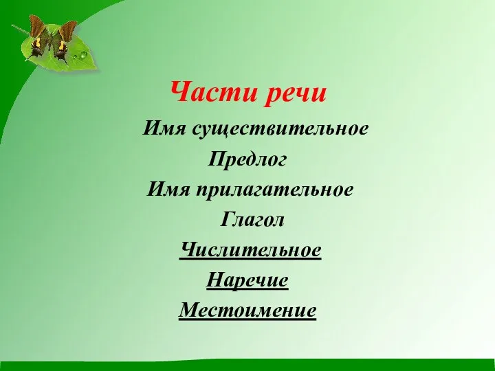 Части речи Имя существительное Предлог Имя прилагательное Глагол Числительное Наречие Местоимение