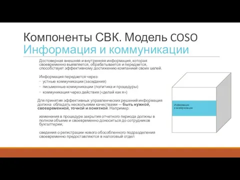 Компоненты СВК. Модель COSO Информация и коммуникации Достоверная внешняя и